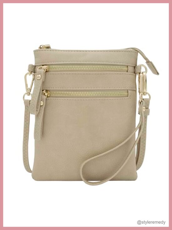 Handbags - Faux Leather Crossbody Bag with Detachable Wristlet, Multi Zip Pockets